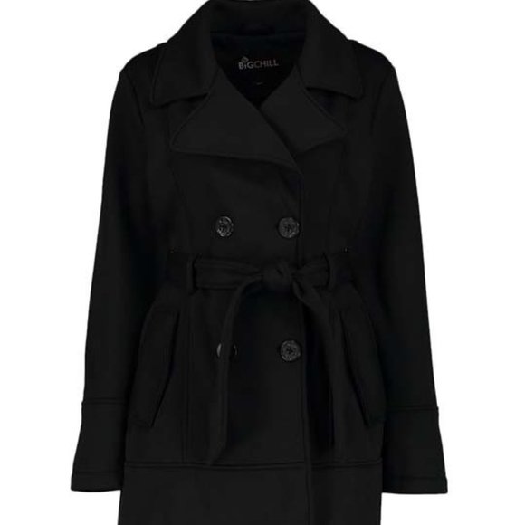 BIG CHILL | Black Double-Breasted Belted Fleece Trenchcoat (Size: M) - Picture 1 of 16